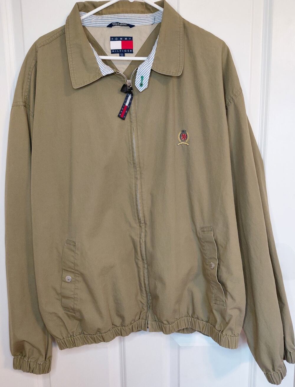 Vintage 90s Tommy Hilfiger Crest Lion Harrington Bomber Jacket Khaki Beige XXL